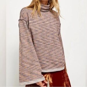 Free People We the Free Sunny Days Textured Knit Turtleneck Sweater Wide Sleeves